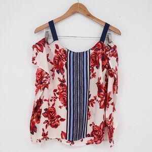 Three Hearts Top Womens Medium Red Floral Cold Shoulder Excellent